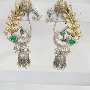 Peacock Cuff Earrings,Oxidized Silver & Gold Plated,Dual Tone Jhumka Earrings,Green,Red Stone,Pearl Dangle Indian Jewelry,Festival Wear