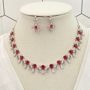 Doublet Stone with Rhodium Plating CZ Stone Necklace,Lightweight Dangle Earrings,Ruby/Red Color Dainty Indian necklace, Bollywood Jewelry