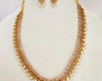 Gold Finish,White AD and Ruby Kemp Stone Necklace with Dangle Earrings,Bollywood  Wedding/Party Necklace Pearl Danglers,South Indian Jewelry