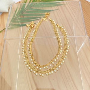 Antique Gold Plating Anklets,Ghungroo, Pearl Anklets, Payal,Tribal Anklets for women,Bollywood South Indian Contemporary,Summer Anklets