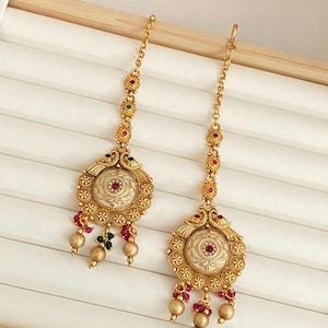 Gold Finish Maang Tikka,Meenakari Design,Ruby,Green Stone,Bridal,Party Wear Indian Forehead Jewelry,Nethi Chutti,Papidi Billa for Wedding