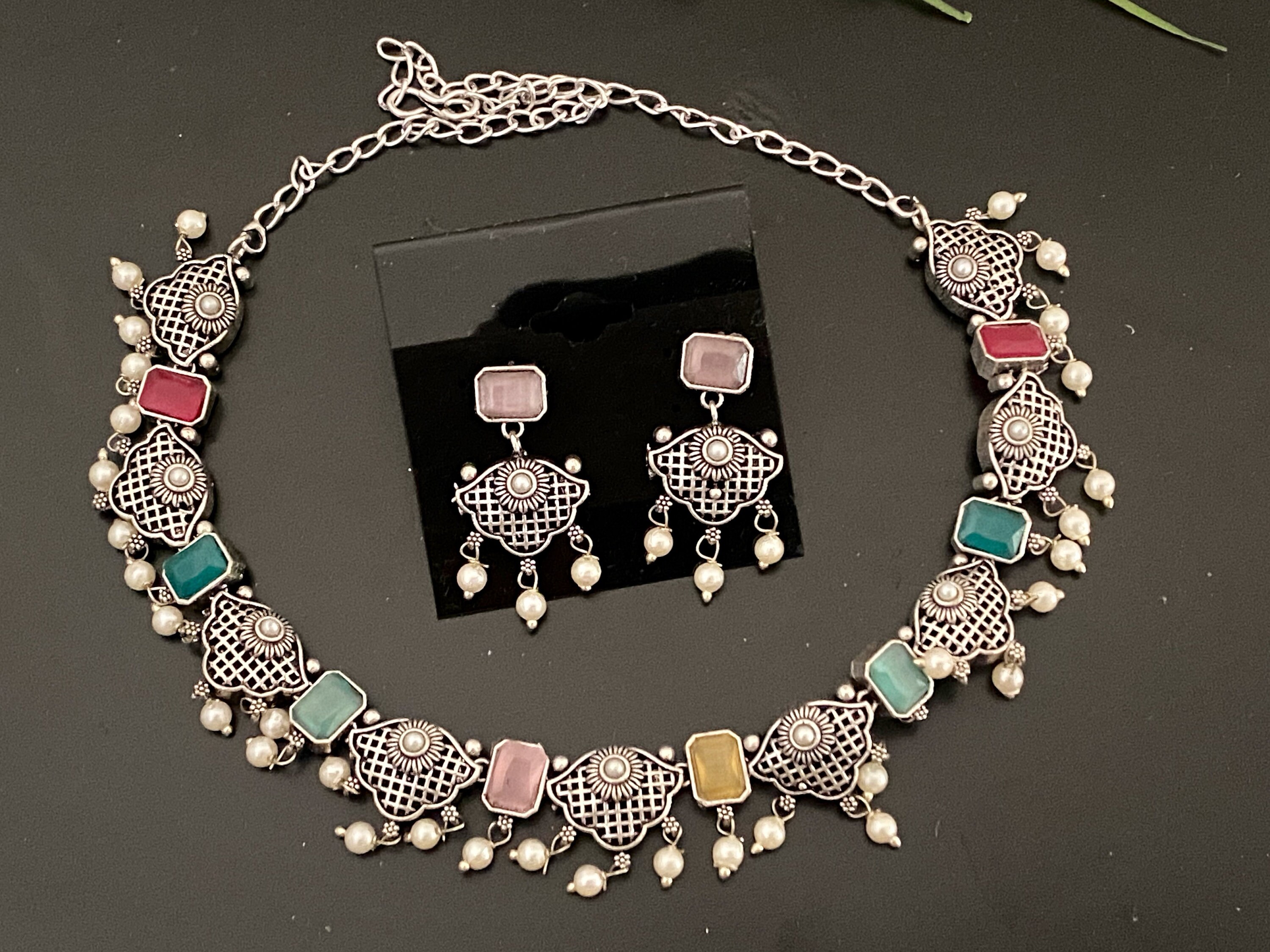 Silver Oxidized Necklace,Oxidized Stud Earrings,Ruby,Black Stone Necklace,Indian Bollywood Necklace,Black Metal Finish with Pearls
