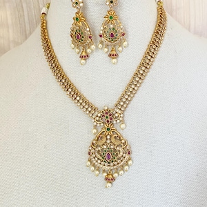 Gold Finish,White AD and Ruby Kemp Stone Necklace with Dangle Earrings,Bollywood  Wedding/Party Necklace Pearl Danglers,South Indian Jewelry
