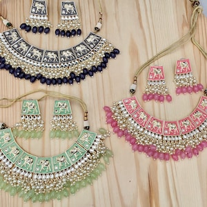 Kundan Meenakari Necklace Set,Square Matching Earrings,Indian Bollywood Jewelry,Pakistani Jewelry,Statement Wedding Necklace,Punjabi Jewelry