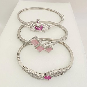 American Diamond(AD)Peacock Openable Bracelets, Silver Plated,Ruby,Pink Stone Bracelets,Bracelets,size 2.2, 2.4,Kids Teens Bollywood Jewelry