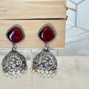 Silver Oxidized Jhumka Earrings,Black Stone Jhumki Earrings,Indian Earrings,Indian Bollywood Jewelry,Black Metal Earrings,