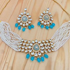 Kundan Choker Necklace,Aqua Carved Stone,Kundan Earrings,Bollywood Indian Party/Wedding/Engagement Jewelry,Punjabi Jewelry
