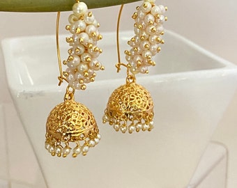 Gold Finish Hoop/Bali Jhumka Earrings,Clustered Pearls Earrings,Bollywood Jewelry,South Indian Earrings,Contemporary Lightweight Earrings