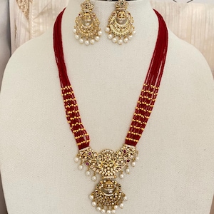 Matte Gold Finish,Maroon Color Seed Beads,Kemp stone Haram Necklace,CZ Stone Earrings,South Indian Bollywood Traditional Wedding Necklace