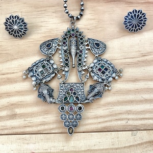 Silver Look Alike Temple Ganesha Pendant,Long Necklace with Studs Earrings,Statement Pendant with Matar Mala Chain Necklace,Indian Jewelry