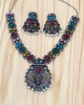 Oxidized Silver Set, Haram Necklace,Peacock motif chain,Ruby,Black,Blue Color Stones,Indian Bollywood Necklace,Oxidized Earrings