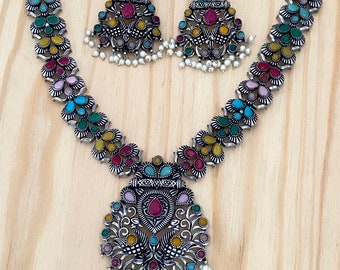 Silver Oxidized Peacock Necklace Set | Haram Necklace with Jhumka Earrings | Ruby Blue Green Multi Stone | Indian Bollywood Bridal Jewelry