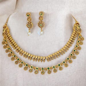 Indian Matte-Gold Finish,Antique Look Necklace, Lightweight Earring,Kempu Stone Necklace,Guttapusalu Necklace,South Indian Layered Necklace