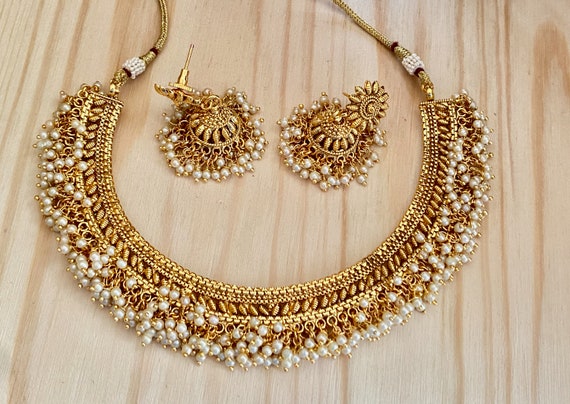 Gold Plated Pearl Necklace jhumka Earrings pearl Cluster Necklace