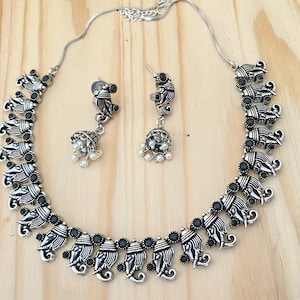 Oxidized Silver Jewelry,Jhumka Earrings,Oxidised Necklace,Indian Bollywood Necklace,Ganesha Necklace,Temple Oxidized Jewelry Indian Jewelry