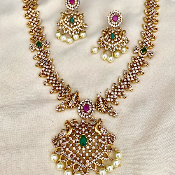 Matte Gold Finish,White AD and Ruby Kemp Stone Necklace with Dangle Earrings,Bollywood Indian Wedding Necklace with Pearl Danglers