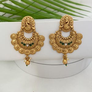 Matte Gold Plated Chandbali Antique Finish Temple Earrings,Ruby-Green Kemp Stone,Bollywood Jewelry,South Indian traditional Ethnic Earrings,