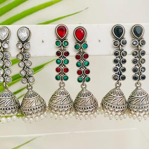 Silver Oxidized Jhumka Earrings,Black Stone Jhumki Earrings,Indian Earrings,Indian Bollywood Jewelry,Black Metal Earrings,