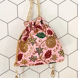 Golden Embroidery,Chamki Potli Bag,Indian Handmade Women's Drawstring Bag,Clutch Purse  Wedding/Party/Tambulam Return Gift ideas,