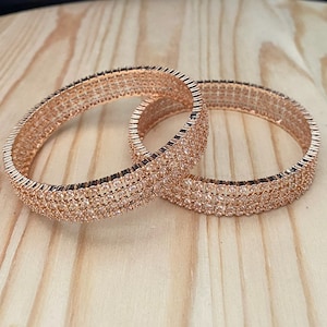 Cubic Zirconia CZ Bangles with Rose Gold Plating,Size 2.4,2.6 American Diamond AD Stone Bangles 2 pieces,Bollywood Indian Wedding Jewelry
