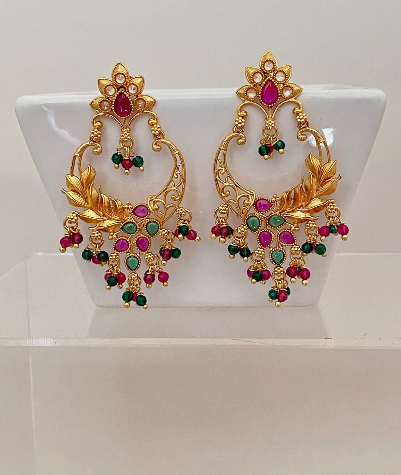 Gold Finish Light Chandbali Antique Earrings,Kemp Stone Chandbali Necklace,Indian Bollywood Jewelry,South Indian traditional Ethnic Earrings image 10