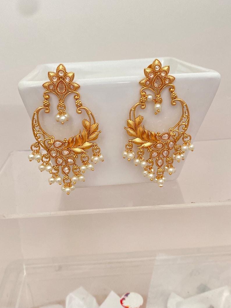Gold Finish Light Chandbali Antique Earrings,Kemp Stone Chandbali Necklace,Indian Bollywood Jewelry,South Indian traditional Ethnic Earrings image 6