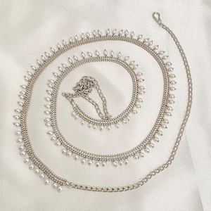 Pearl Belt Rhodium Finish,KambarPatta,Vaddanam,Oddiyanam,South Indian Hip Chain,Bridal Wedding Jewelry, Udhyanam,Silver Finish Dandia Belt