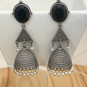 Silver Oxidized Jhumka Earrings,Black Stone Jhumki Earrings,Indian Earrings,Indian Bollywood Jewelry,Black Metal Earrings,