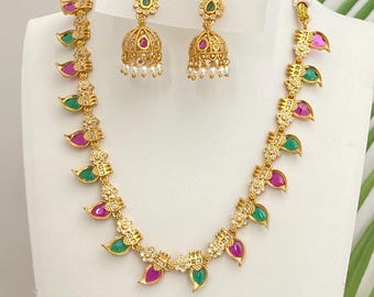 Gold Plated,Ruby,Green Stone Tear drop shaped Indian Necklace,Jhumka Earrings Pearl Danglers,South Indian/Bollywood Wedding/Party Jewelry