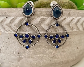 Silver Oxidized Chandbali Earrings, Indian Earrings,Indian Bollywood Jewelry,Black Metal Earrings,Black beads Pink,Green,Blue Earrings