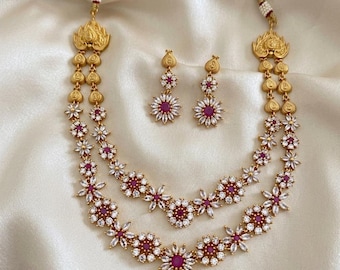 Matte Gold Finish,White AD,Ruby-Green Kemp Stone,Two Layered Necklace,Dangle Earrings,Contemporary Indian Wedding/Festival Jewelry,