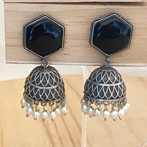 Silver Oxidized Jhumka Earrings,Black Stone Jhumki Earrings,Indian Earrings,Indian Bollywood Jewelry,Black Metal Earrings,