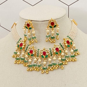 Jadau Kundan Pink Green Choker Necklace,Jadau Kundan Earrings,Rajasthani Jewelry,Kundan Jewelry,Sabyasachi Inspired Jewelry, Kundan Jewelry