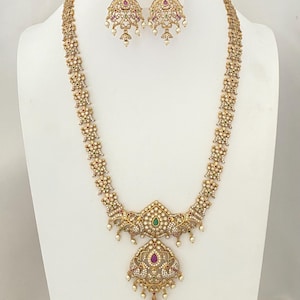 Polki Long Haram Necklace Set | Peacock Pendant Ruby Green CZ Pearl Earrings | South Indian Bridal Jewelry Wedding Reception Gift for Her
