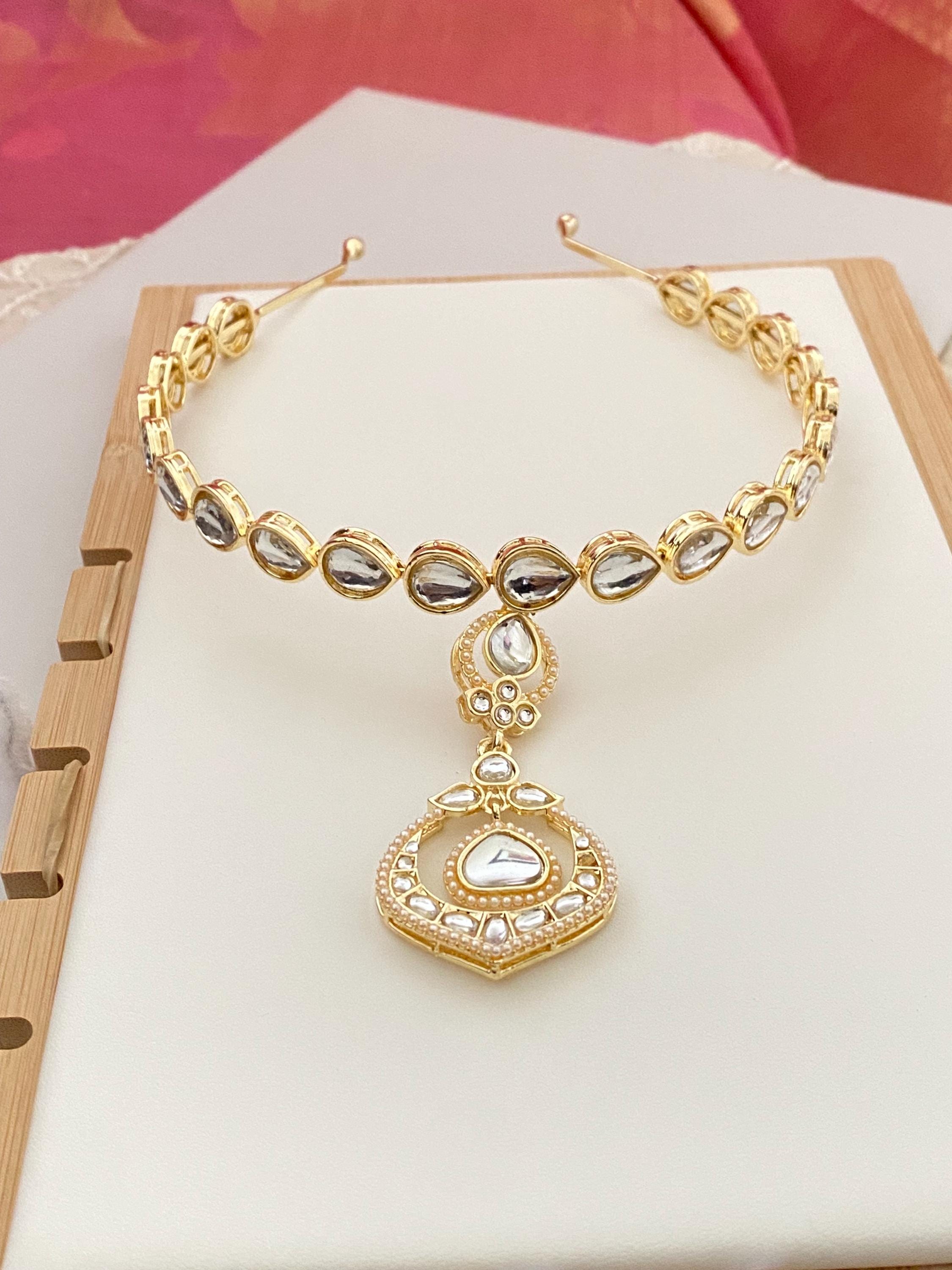 Kundan Hair Band with Attached Tikka Flexible Bridal Sheeshpatti Set Indian Wedding Hair Accessory Matha Patti Gift for Her, Soft Gold