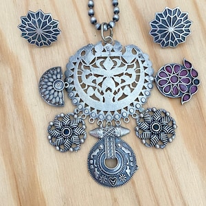 German Silver  Pendant Haram/Long Necklace with Studs Earrings,Statement Pendant with Matar Mala Chain Necklace,Indian Jewelry