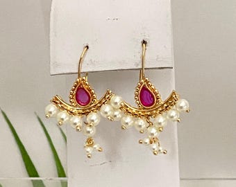 Gold Finish Antique Top Earrings,Bugadi Ruby Stone Earrings, Lightweight Kids Earrings,Indian Bollywood Jewelry,Maharashtrian Earrings