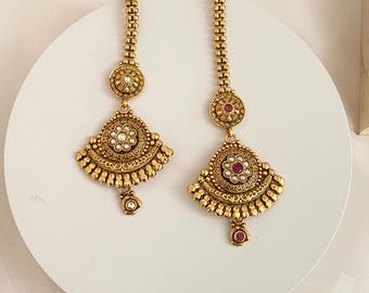 Antique Gold Finish Maang Tikka,Matte Finish Jewelry,Indian Bridal Forehead Accessory,Nethi Chutti,Papidi Billa for Wedding,Heirloom looking