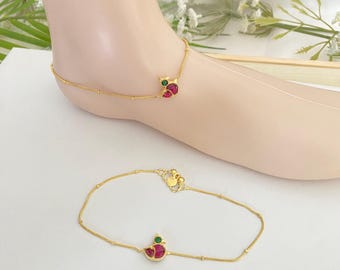 Antique Gold Plating Reversible Anklets, 2 colors,Ruby,Green Color Anklets,Payal,Tribal Anklets,South/Bollywood Indian Contemporary Jewelry