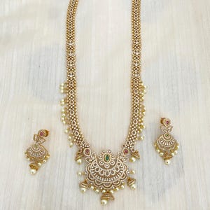 Gold Finish,White AD and Ruby Kemp Stone Necklace with Dangle Earrings,Bollywood  Wedding/Party Necklace Pearl Danglers,South Indian Jewelry