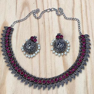 Oxidized Silver Necklace,Ruby Green Stones Oxidised Necklace,Indian Bollywood Necklace,Lightweight Jhumka Earrings,Mango Design Necklace