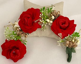Gajra de rosas, perlas, cuentas doradas, moño de flores artificiales, veni, joyas de danza clásica, joyas de boda para novias, ideas de regalos de devolución