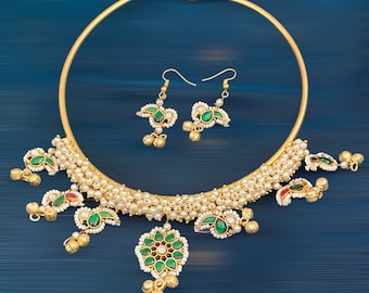 Gold Plated,Contemporary Style Fusion Pachi Kundan Hasli,Pearl Clusters,Pachi Kundan Birds,Sabyasachi Inspired Indian,Bollywood Necklace