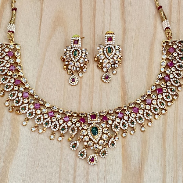 Matte Gold Finish Kemp Stone Necklace,Ruby-Green-White CZ Stone Color Necklace,Dangle Earrings,Bollywood,South Indian wedding,Party Jewelry