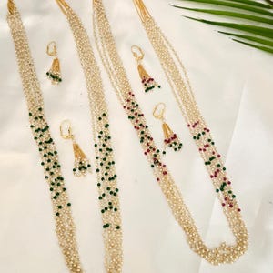 Handmade Multi-Strand Pearl,Ruby,Emerald Green Bead Necklace Set,6-Layer Long Mala Necklace,Lightweight Earrings,Indian Bridal Jewelry