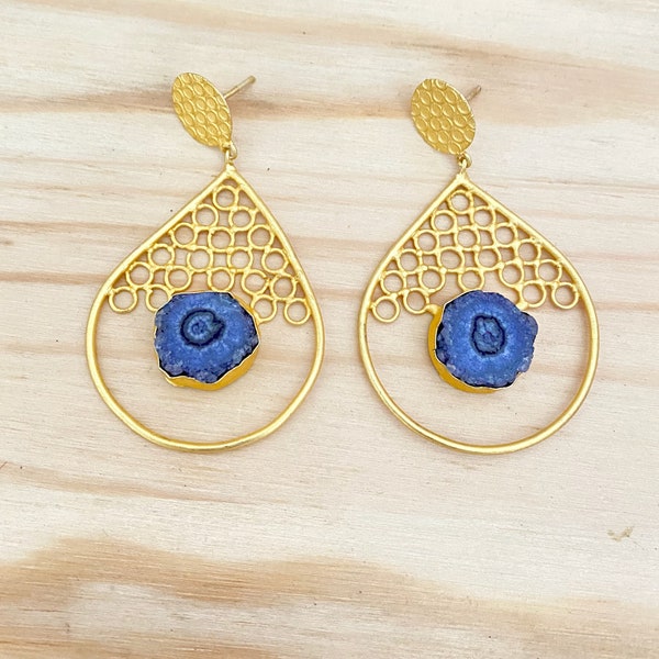 Gold Plated Blue Druzy Stone Earrings,Statement Drop Shaped Earrings,Indian Bollywood Jewelry,Contemporary Style Stone Earrings,