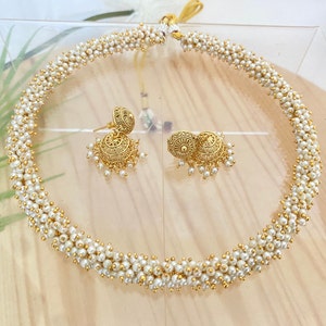 Pearl Necklace,Gold Plated Hasli Necklace,Lightweight Jhumka Earrings,Bollywood Indian Jewelry,South Indian Jewelry, Guttapusalu necklace,