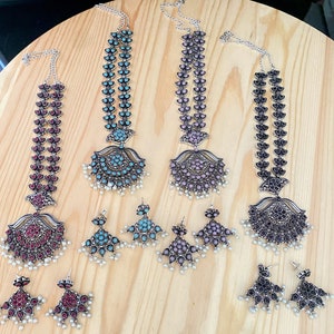 Oxidized Silver Pendant Necklace Set,Oxidized Earrings,Black Metal Finish,Ruby,Black,Pink Color Stones,Indian Bollywood Oxidized Jewelry