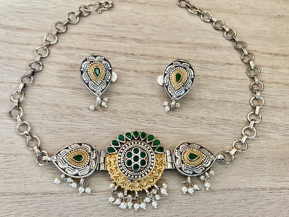German Silver,Dual Tone,Choker Necklace,Drop Stud Earrings,Glass Quartz Stones,Oxidized Jewelry,Indian Bollywood Boho Trendy Choker Jewelry