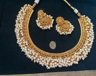 Gold Plated Pearl Necklace,Jhumka Earrings,Pearl Cluster Necklace,Indian Wedding Jewelry,Festival Jewelry,Moti Haar,Ethnic Festive Jewelry
